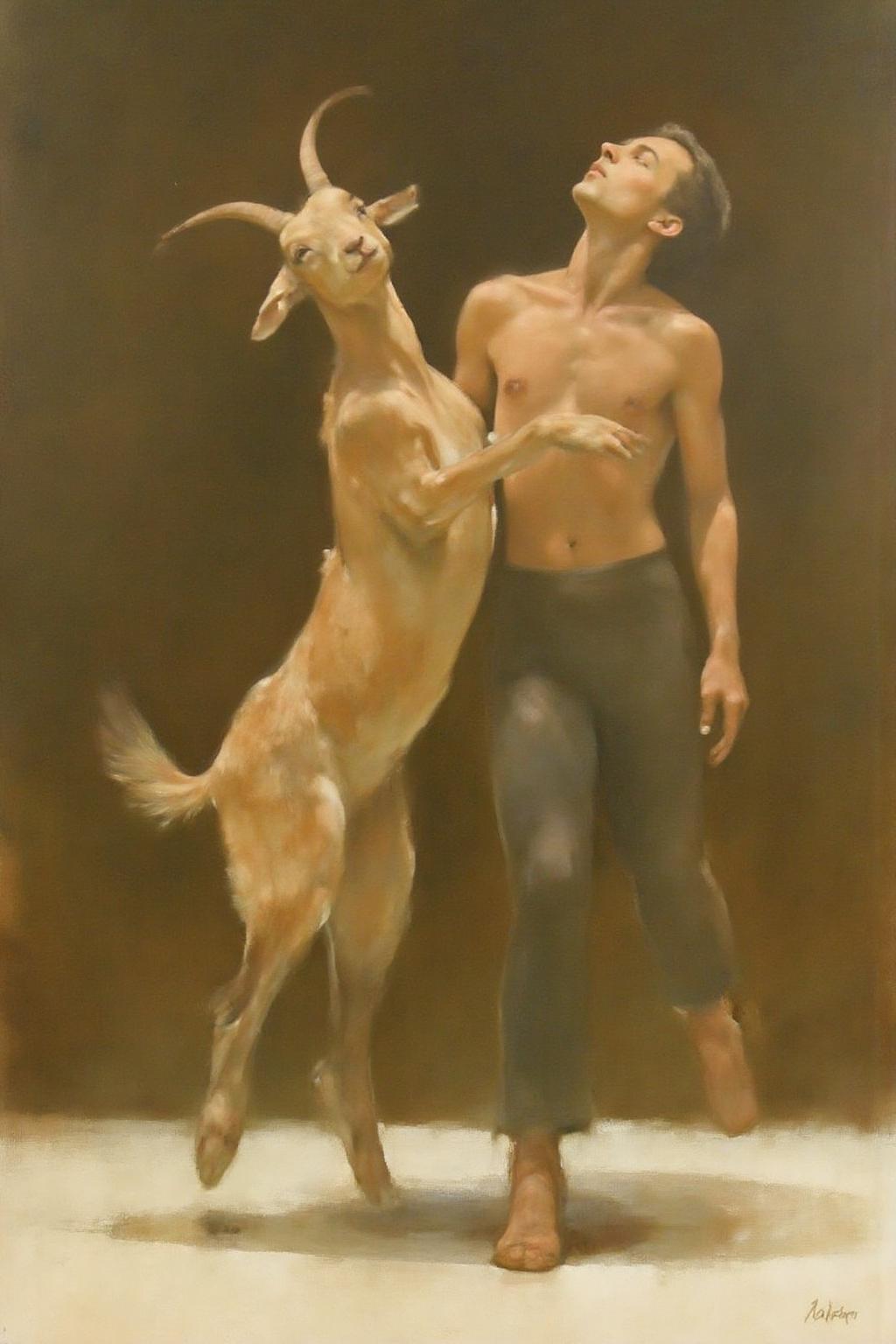 painting. A man and a goat are ballet dancing. <lora:billbate1_cap_d8a4e12:1.0><lora:852810390189397849:0>