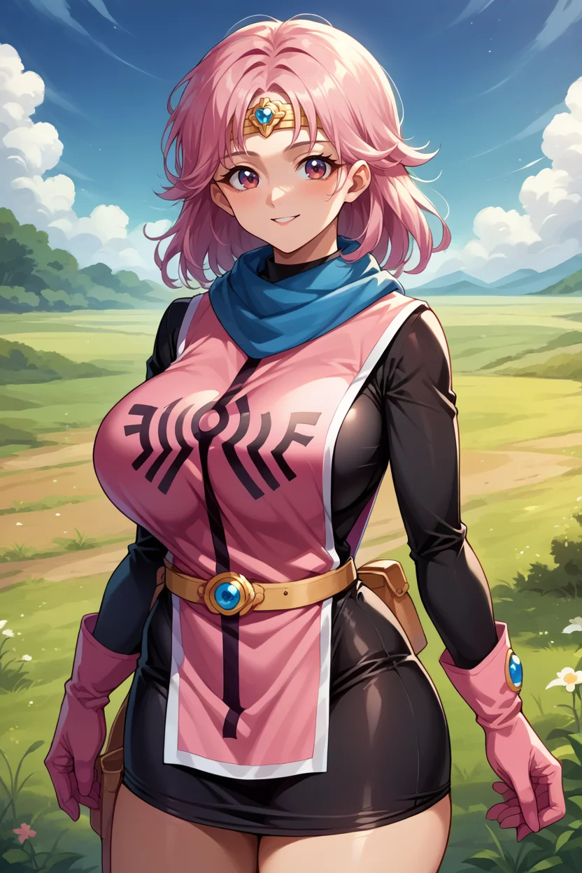score_9, score_8_up, score_7_up, score_6_up, source_anime, BREAK 1girl, solo <lora:dqmaam-pdxl-nvwls-v1-000005:1> priMaam, pink hair, medium hair, blue scarf, circlet, short dress, pink tabard, black sleeves, belt, gloves, big breasts, blue sky, field, looking at you, happy