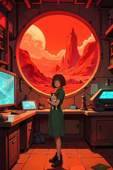 a futuristic laboratory with a large circular window displaying a red, alien landscape. A young girl with short brown hair, wearing a green dress and holding a cat, stands confidently. The room features various scientific equipment, including a holographic screen and a large machine emitting blue light. The background is illuminated with warm, orange hues, creating a dramatic contrast. , detailed background Fantastic lighting. Detailed shadows.intricate details, vivid colors, hyper-detailed, ultra-sharp, , <lora:XRSTYLE_FLUX:0.5><lora:RetroAnimeFluxV1:0.4><lora:MoriiMee_Gothic_Niji_Style_FLUX:0.3>