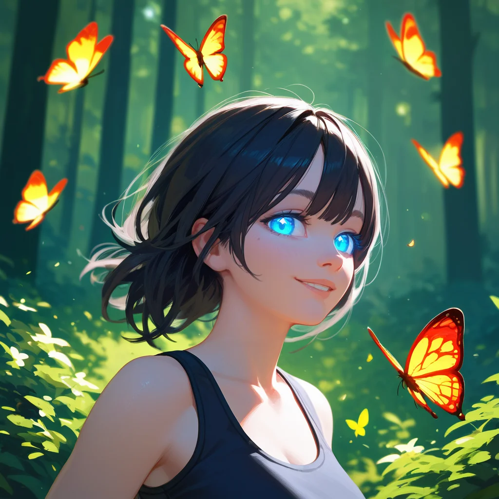 score_9, score_8_up, score_7_up, PDXL, <lora:ProfPic-000001:1>, pr0fpic, portrait,
1girl, cute face, detailed eyes, blue glowing eyes, black hair, looking at the viewer, smiling, forest and butterflies in the background, black sports bra
