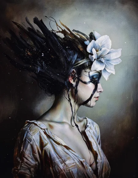 Art by Mario Nevado. This is a high quality digital painting with a surreal and dark aesthetic. The image features the side profile of a young woman with pale skin and dark hair, adorned with black streaks. Her face is partially obscured by the streaks and her expression is somber. The background is a textured and muted gray, reinforcing the eerie atmosphere. The composition uses the rule of thirds, with the woman's face positioned off-center. The lighting is soft and diffuse, likely artificial, creating subtle shadows and highlights. The depth of field is shallow, keeping the background out of focus. The painting has a haunting and symbolic quality, evoking themes of confinement and struggle.