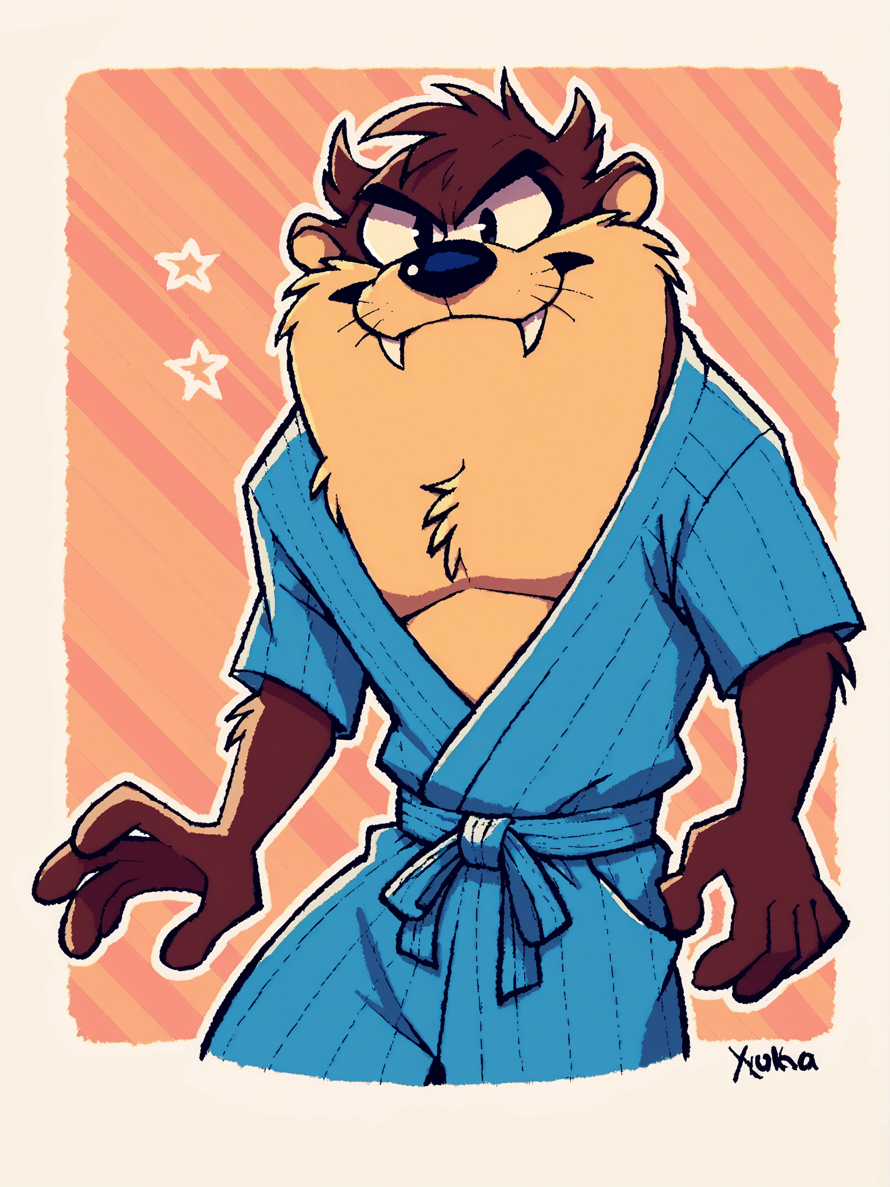 score_9, score_8up, score_7up, score_6up, score_5up, score_4up, abstract background, source_furry, rating_safe, BREAK
solo, male, 1boy,furry, anthro, t@z, brown body, black eyes, fangs, yukata, BREAK
 <lora:Taz__Tasmanian_Devil_-_Looney_Tunes_-_PDXL:0.8>