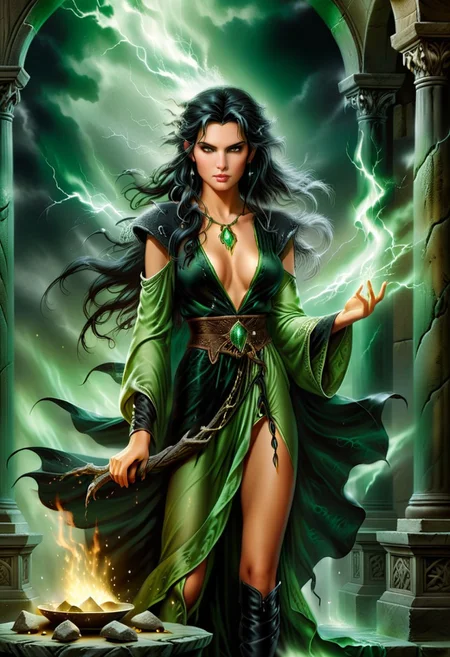 fantasy oil painting / Louis Royo,
Dorian Cleavenger art style / a beautiful and seductive elven sorceress wearing green and black robes stands before a stone altar as lightning flashes in the background,
black hair - she communes with a smokey entity a demonic force