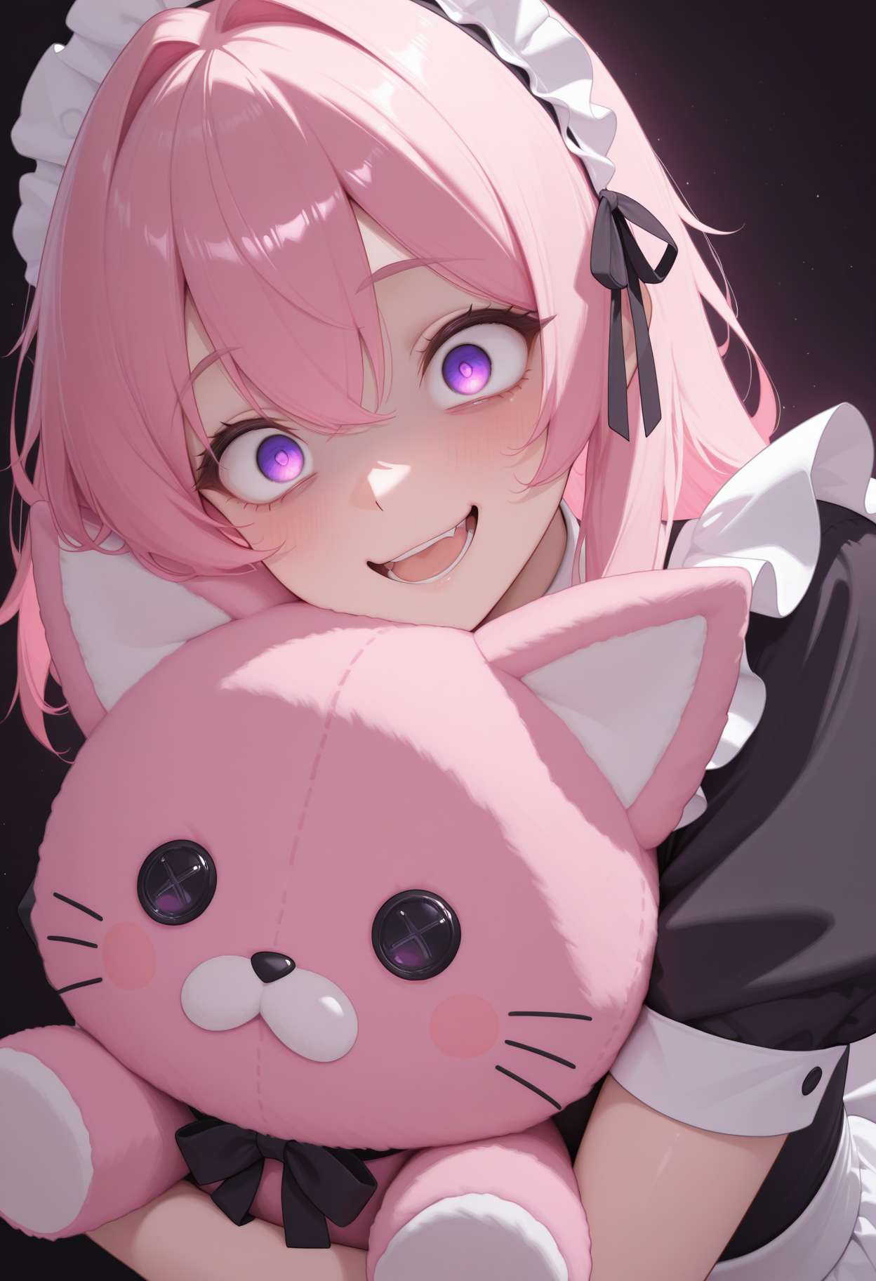 (masterwork, masterpiece, best quality, hyper-detailed, 8k uhd:1.4) 1girl, CivChan, pink hair, purple eyes, maid uniform, <lora:CivChan:0.9> quality: masterpiece, extremely aesthetic, highly detailed, dynamic composition, vibrant colors, vivid colors, saturated, eye closeup, crazy eyes, (holding a pink cat plushie:1.4), dark background