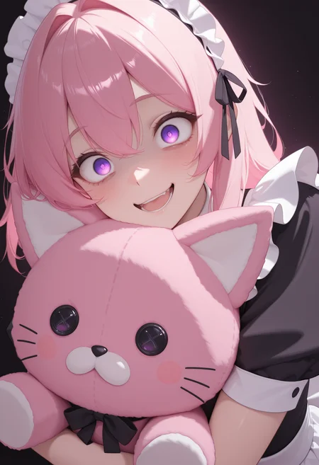 (masterwork, masterpiece, best quality, hyper-detailed, 8k uhd:1.4) 1girl, CivChan, pink hair, purple eyes, maid uniform, <lora:CivChan:0.9> quality: masterpiece, extremely aesthetic, highly detailed, dynamic composition, vibrant colors, vivid colors, saturated, eye closeup, crazy eyes, (holding a pink cat plushie:1.4), dark background