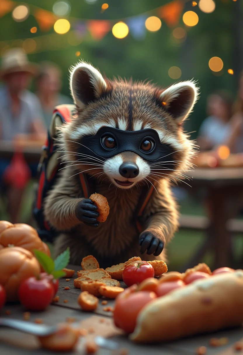 Sneaky raccoon, (wearing a tiny bandit mask:1.15), expressive eyes full of mischief, (cheeky smile:1.2), small hands clutching snack, wearing a mini backpack filled with stolen treats,
Bustling backyard barbecue, picnic table laden with food, colorful party decorations, guests laughing and chatting, a warm summer evening with fireflies glowing,
Climbing stealthily up the picnic table, attempting to steal a hot dog while the guests are distracted, dramatically pretending to be innocent when caught, raising its paws <lora:lora:1> <lora:FLUX-Turbo--8-Step_(Fastest):1>