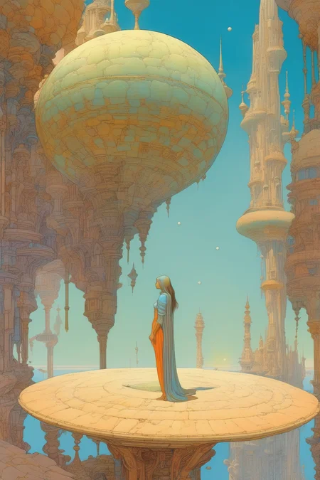 <lora:Luc Schuiten Style:1>Luc Schuiten Style - In the unpublished and breathtaking image from the Arzach album by Moebius, the essence of the Master's artistry shines through with remarkable clarity. in the foreground a mystical and beautiful woman standing on a circular stone who flies through the air in a busy street of a extraordinary city designed by Moebius, witg a lot of water. The vertical composition, elegantly presented in a 2:3 format, unveils a scene of unparalleled beauty that resonates perfectly with the spirit of the album. Prepare to be mesmerized by the sheer originality that permeates every aspect of this artwork. As your eyes wander across the canvas, you'll encounter a harmonious fusion of elements that defy convention and ignite the imagination. It is a visual symphony that stands as a testament to Moebius's boundless creativity. Vibrant and sublime colors dominate the image, bursting forth with a luminosity that captivates the viewer. The hues intertwine seamlessly, creating a rich tapestry that evokes a profound sense of awe. From ethereal pastels to vibrant bursts of intensity, the color palette is carefully orchestrated to evoke emotions and transport you to a realm of pure visual delight. Within this captivating tableau, the world of Arzach comes to life. Majestic landscapes unfold, adorned with surreal and fantastical elements that blur the lines between reality and imagination. Enigmatic creatures, both elegant and mysterious, clothing in the style of Moebius, strange bird in the style of Moebius, canyon, strange blue grass populate the scene, inviting you to explore their enigmatic world. Moebius's artistic mastery is evident in the intricate details meticulously woven into the image. Each stroke of the brush or pen contributes to the overall narrative, telling a story that is open to interpretation and invites contemplation. The composition invites you to delve into the depths of its symbolism and immerse yourself in the profound beauty it offers. This painting should transport us to a realm where the extraordinary will become ordinary, where the imagination will reign supreme and where the legacy of Moebius' "Arzach" album will endure. This unique jewel will sum up the essence of the Master's art, because it will dazzle with its originality, its beauty and the sublime colors that will spring from its core. Action, Highly Impressive & Realistic Poses, Hyper-detailed, Insane Details, Intricate Details, Cinematics, Editorial Art, Photo Shoot, Tilt Blur, Super-Resolution, Megapixels, Unreal Engine 5, Studio Lighting, Volumetric, Optical, Diffusion Glowing, Shadows, Proportions, Rough, Shimmery, Ray Tracing Reflections, Glossy, Lumen Reflections, Screen Space Reflections, Diffraction Rating, Chromatic Aberration, GB Shift, Ray Tracing, Ray Tracing Ambient Occlusion Anti-Ali asing, Post-Processing, Post-Production, Cel Shading, Tone Mapping, Incredibly Detailed and Intricate, Hypermaximalist, Sleek, Hyper Realistic, Super Detailed, Dynamic Pose, Hyperrealism, HDI, 8k