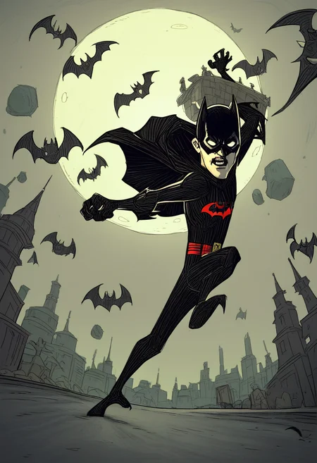 1boy, solo, batman, mask, black cloak, dark night, fists, city street, megapolis, action pose, full moon, bats, <lora:dontstarvestyleV2:1>, blank eyes, dontstarvestyle,, score_9, score_8_up, score_7_up,