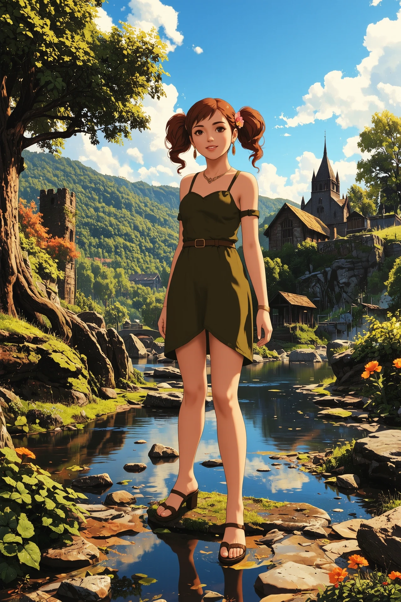 twin drills auburn hair (young woman), (druid:1.2), anime, illustration, (extremely detailed), (portrait), (standing:1.2), (happy smile), flower in hair, glossy lipstick, celtic necklace, oval earrings, loincloth, (sandals),  Olive Green (druid short dress), (legs), heels, (sharp focus),  fantasy, (beautiful celtic landscape:0.9), (small rock:0.9), (moss:0.4), (ripples, reflections:0.8), celtic  castle, (small river small pond:0.5), druid forest, (druid village:1.2), (stunning nature environment:0.8), (enchanted land:0.5), clovers, (Bright Orange flowers:0.9), leaves,bright (sunny sky), (sunset:0.3), best quality, colorful, wet floor, raytracing, hdr, high contrast, ethereal natural lights, backlight, (lens flare:0.4), shadows, (vibrant colors, colorful):0.6, pretty, beautiful, happy, smiling, feminine, sexy, lovely, in love, adorable, fashion,  <lora:Hand v2:1> <lora:Anti-Blur:1><lora:Insane Detail Slider:0.5>  <lora:flux.1_lora_flyway_Epic-detail_v2:0.3><lora:fluxenhancer:0.5> <lora:RetroAnimeFluxV1:0.4> <lora:Luminous_Shadowscape:0.4>  <lora:SujatmikoArafuru_Flux:0.2> Suzume style