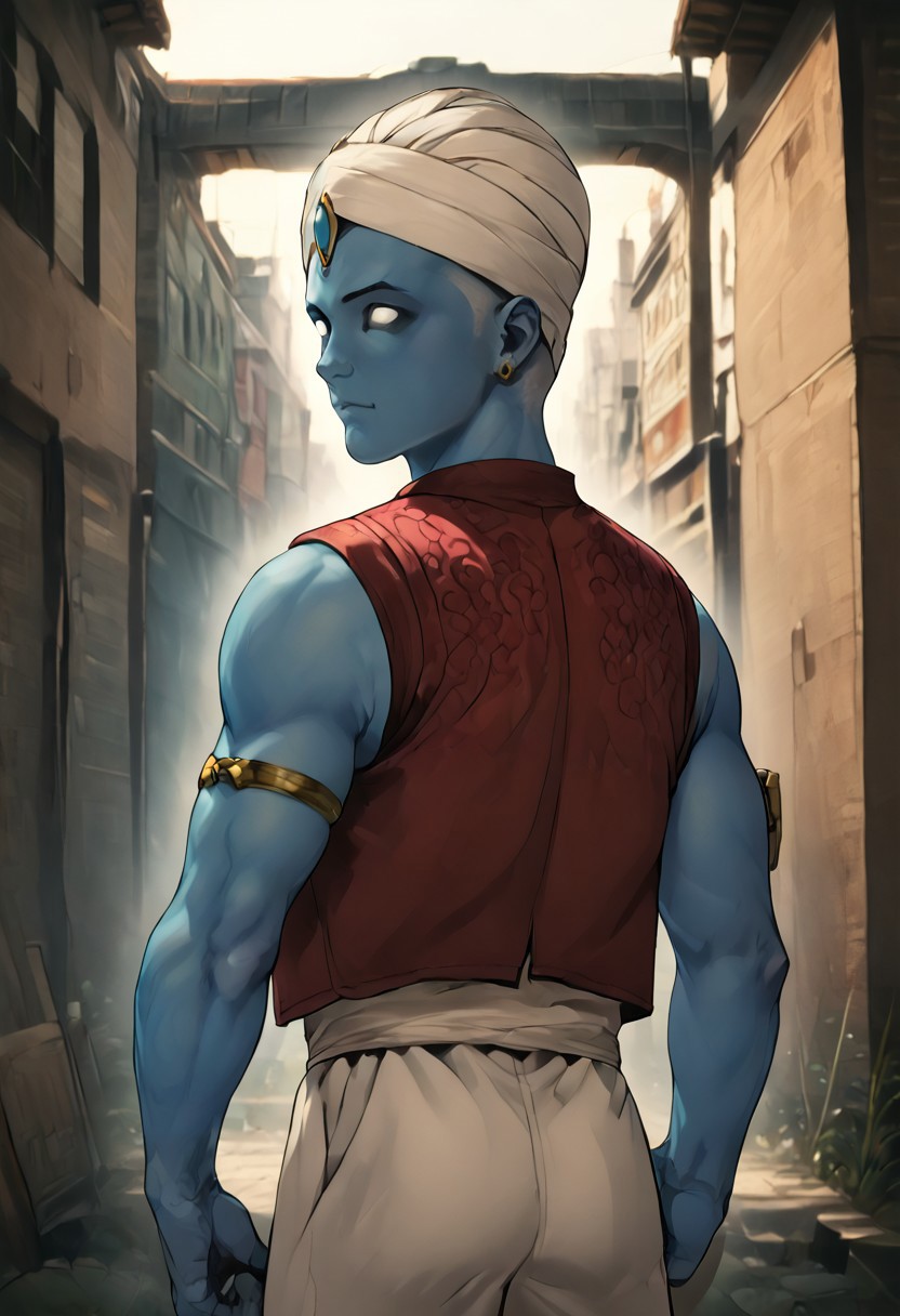 SFW, rating_all, score_10, score_8_up, score_7_up, beautiful, realistic, detailed, perfect, quality, vector, flat colors, masterpiece, drmanhattan, 1boy, glowing, blue skin, bald, white eyes, no pupils, brown naked vest, white turban, blue gemstone, white baggy pants, red pointy shoes, red sash, armlet, earrings, sleeveless