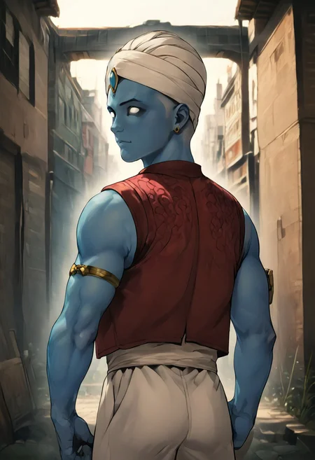 SFW, rating_all, score_10, score_8_up, score_7_up, beautiful, realistic, detailed, perfect, quality, vector, flat colors, masterpiece, drmanhattan, 1boy, glowing, blue skin, bald, white eyes, no pupils, brown naked vest, white turban, blue gemstone, white baggy pants, red pointy shoes, red sash, armlet, earrings, sleeveless