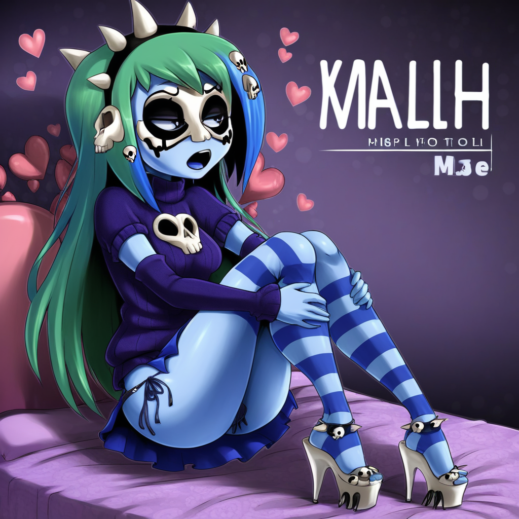 watermark, sweater, platform heels, mask, blue hair, heart, facepaint, on bed, blue skin, jewelry, full body, character name, elbow gloves, spikes, blue skirt, skull hair ornament, side-tie panties, striped pantyhose, hands on own knees, half-closed eyes, hairband, green hair, open mouth