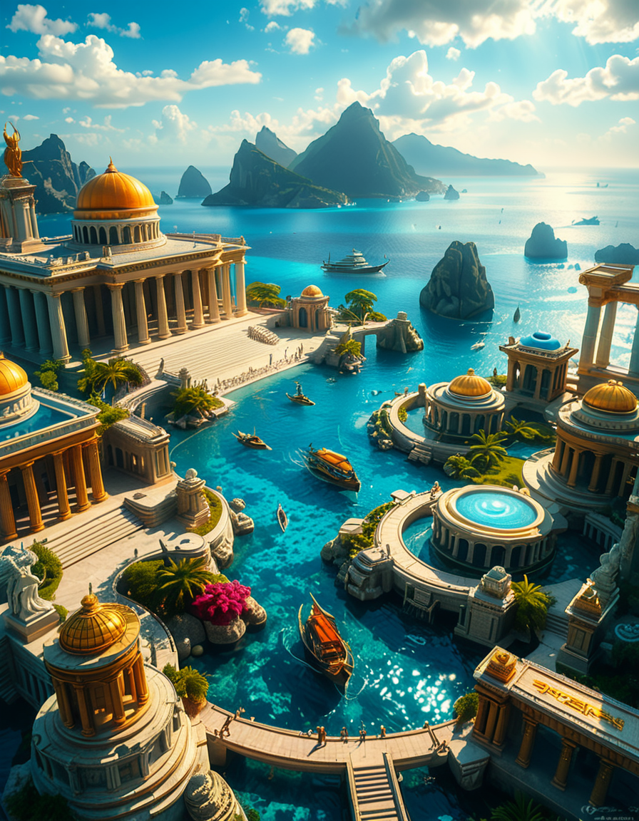 A breathtaking view of the lost city of Atlantis, submerged beneath crystal-clear ocean waters. The city showcases a magnificent blend of ancient Greek and futuristic architecture, with towering marble temples, golden domes, and intricate carvings glowing under the soft bioluminescent light of coral reefs. Majestic pillars and archways, partially covered in coral and algae, rise from the ocean floor, creating an atmosphere of mystery and forgotten grandeur. The sunlight filters through the water, casting shimmering patterns on the grand stone pathways and illuminating massive statues of gods and mythical beings, eroded by time. The scene is peaceful and awe-inspiring, with an ethereal blue glow enhancing the dreamlike, almost magical quality of this underwater utopia. No marine creatures or human presence disrupt the timeless serenity of this lost civilization.
 <lora:atl4nt1s:1>,atl4nt1s,<lora:SDXLFaeTastic2400:0.4> <lora:extremely_detailed:0.4> extremely detailed, Masterpiece,best quality,hi res,8k,hi res,8k,award winning,(sharp focus, intricate, highly detailed),