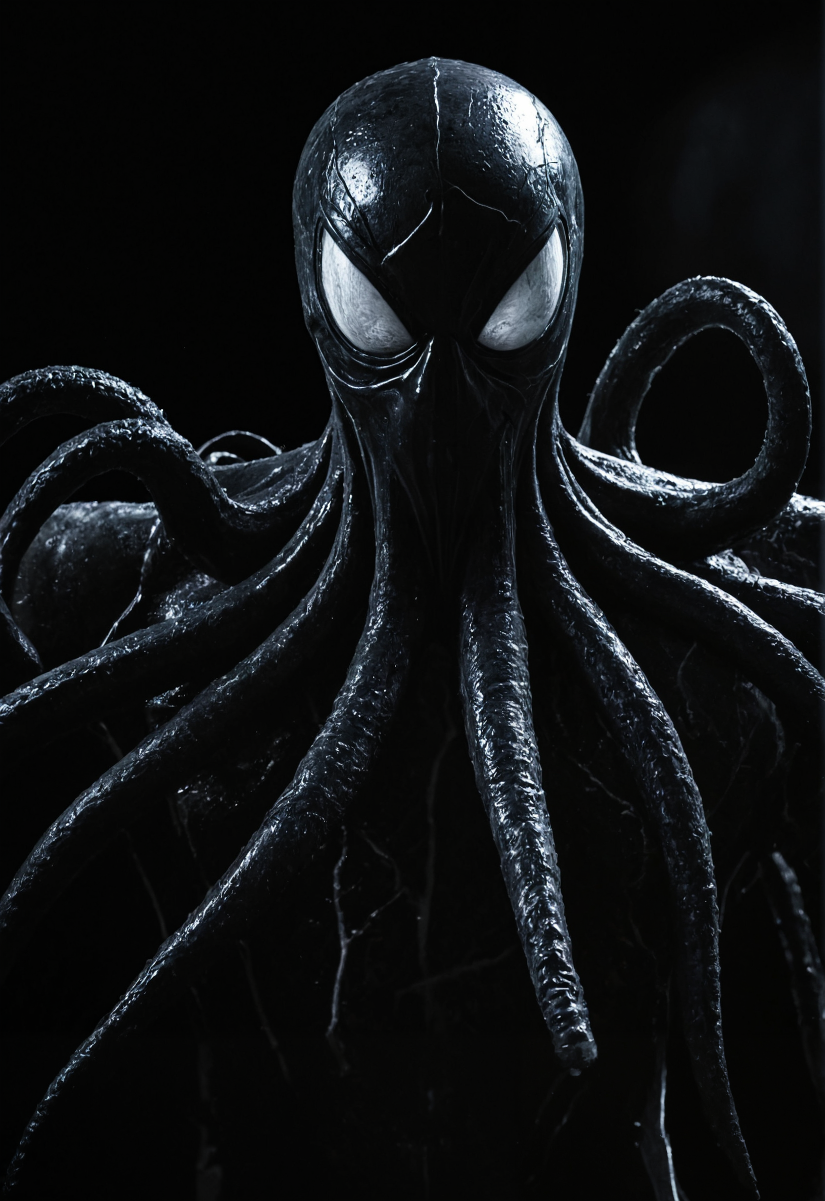raw photo of Symbiote, creeping black tentacles, cinematic lighting, high contrast, gritty and dynamic