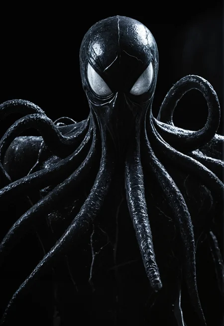 raw photo of Symbiote, creeping black tentacles, cinematic lighting, high contrast, gritty and dynamic