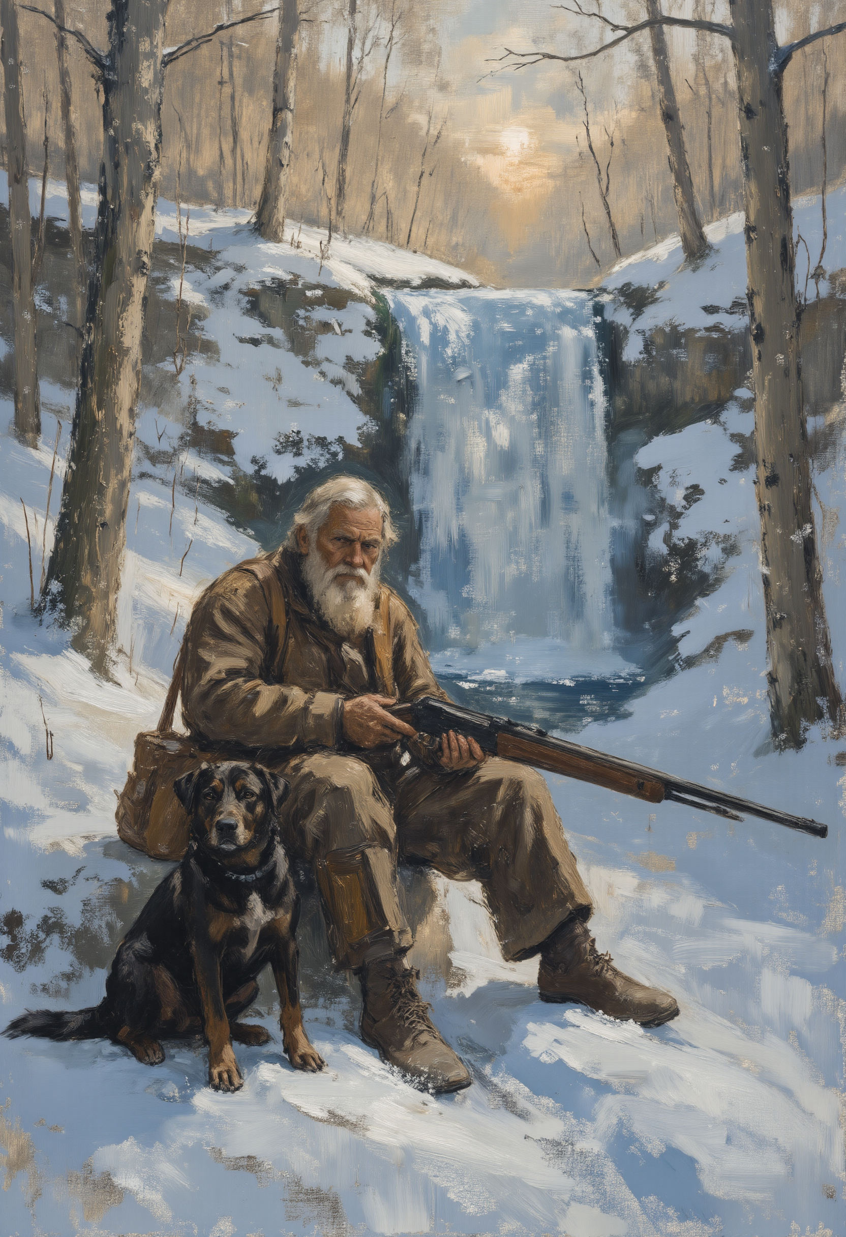A portrait of an old human hunter armed with old shotgun with carrying stripe, sitting on a rock in a snowy winter forest. The hunter is looking at viewer and rests his rifle pointed to the ground, while sunlight filters through the trees, casting a warm glow over the snowy landscape. The hunter also wears an old leather bag on his back. Next to the hunter is sitting his loyal black retrviever hunting dog, which is also looking at viewer. Background reveals a frozen waterfall with an icy blue hue, surrounded by snow-covered rocks with trail of animal tracks and branches. Soft, natural lighting creates a serene contrast between the warm sunbeams and cool winter tones. Color palette is dominated by icy blues and soft whites, with hints of golden sunlight. Atmosphere is peaceful and awe-inspiring, capturing the beauty and solitude of nature in winter. Oil painting. style of Frederick McCubbin