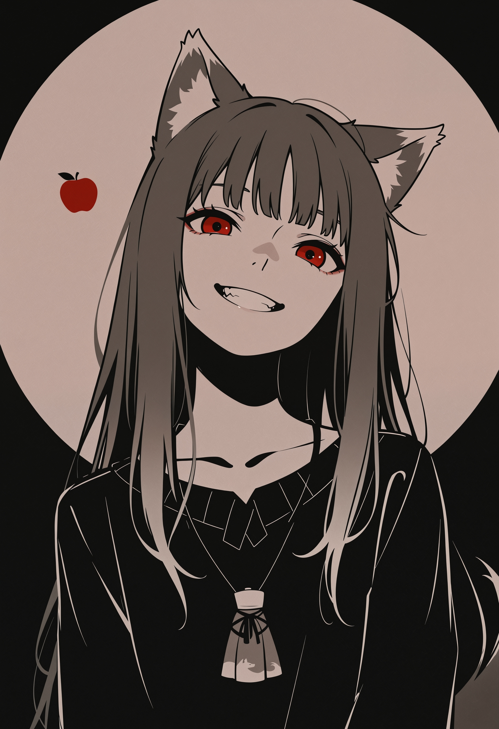 masterpiece, best quality, amazing quality, very aesthetic, absurdres, newest, cvle01, 1girl, solo, (minimalism:1.2), flat-colors, flat-shading, monochrome, spot-color, holo, spice-and-wolf, wolf-ears, wolf-tail, red-eyes, smile, grin, head-tilt, apple-theme, facing-viewer, portrait, abstract-background, two-tone-background, gradient-background, detailed hair, volumetric lighting, realistic-lighting,