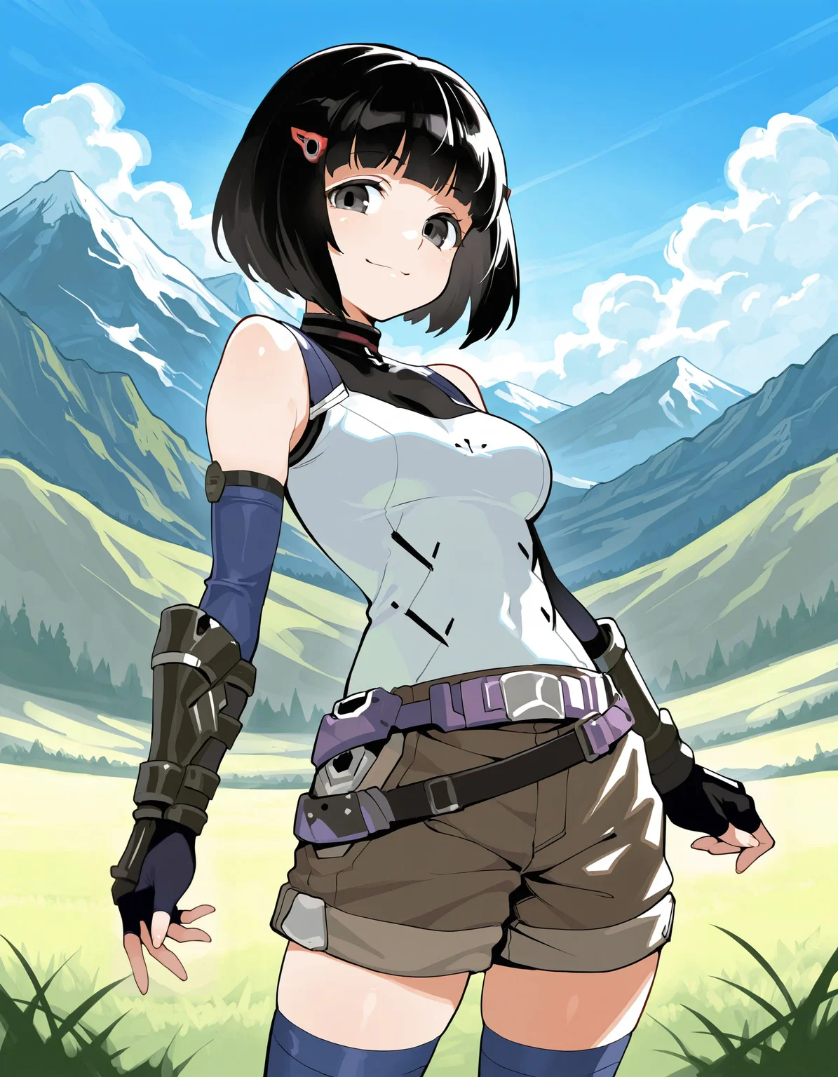 1girl,<lora:lin lee koo 2units_illustriousXL:0.8>,lin lee koo,black eyes,hairclip,elbow gloves,fingerless gloves,gauntlets,white shirt,belt,brown shorts,blue thighhighs,cowboy shot,standing,smile,grass,blue sky,mountain,looking at viewer,masterpiece,best quality,amazing quality,