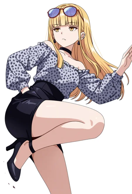 masterpiece,high quality details, absurdres,
<lora:Ruriko:0.7>enh_cnr,
ruriko_cnr,1girl, blonde hair, long hair,blunt bangs, yellow eyes, fang, ear piercing,earrings,
ruriko_s2, collarbone,grey shirt, off shoulder, long sleeves, puffy sleeves,black pencil skirt, leopard print,choker,eyewear, sunglasses,black high heels,, simple background, white background, from below,solo,, bored,sulking,, one hand in pocket,jumping pose,one arm extended forward,
