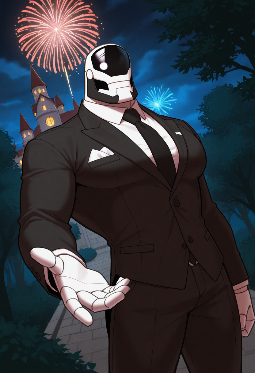 1boy, standing, suit, necktie, butler, looking at viewer, reaching towards viewer, dutch angle, loose clothes,
BREAK
<lora:Dildomaxxxtron_3000_from_Wet_Gear_by_Wolf_Con_F_v0.1_1688264:1> large pectorals, thick arms,
dildomaxxxtron3000, humanoid robot,
BREAK
outdoors, castle, night, fireworks, cloudy sky, garden, tree, multicolored background, high contrast,
BREAK
best quality, masterpiece, very aesthetic, absurdres, highest detailed,