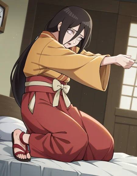 score_9, score_8_up, score_7_up, source_anime, <lora:hanabi-hyuuga-boruto-anime-ponyxl-lora-nochekaiser:1>, hanabi hyuuga, long hair, black hair, hair between eyes, white eyes, no pupils,, skirt, long sleeves, japanese clothes, kimono, sandals, hakama, orange kimono, red hakama,, bedroom, alarm clock, morning routine, yawning, stretching, on bed,, , looking at viewer, hand resting on chin, solo,, cowboy shot, dutch angle