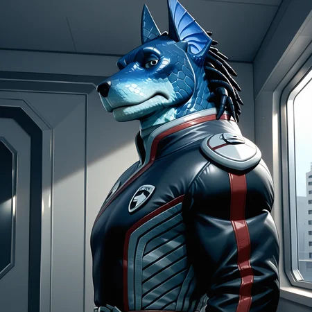best quality, amazing quality, very aesthetic, absurdres, newest, high quality, masterpiece BREAK Anub1sKrug3r, solo, alien, furry male, canine boy, blue scales, ears, sci-fi uniform, tendril hair, black eyes, male focus, indoors, spaceship, muscular, big pecs, side angle, looking at viewer  <lora:Anubis_Doggie_Kruger_Power_rangers_S.P.D:.9>