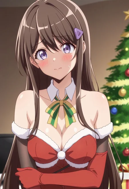 score_9, score_8_up, score_7_up, source_anime, classrep, long_hair, brown_hair, purple eyes, hair_ornament, hairclip, medium breast, shiny skin, santa outfit, bare shoulders, cleavage, elbow gloves, christmas, gift, blushing, embarrassed, sexy pose, perfect anatomy