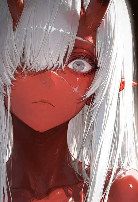 masterpiece, best quality, good quality, newest, highres, absurdres, volumetric lighting,gradient color,
BREAK
raytracing, volumetric lighting, ambient occlusion, girl, luminescent background, masterpiece, best quality, very awa, absurdres,
BREAK
Aka-Oni, oni, colored skin, (red skin:1.3), straight horns, solo, long hair, model style,
evil eyes, evil, bullying, sinister, smrik,
BREAK
masterpiece,amazing quality,best quality,ultra-detailed,8K,illustration,CG,shiny hair,clear skin,ultra-detailed-eyes,simple background,cute girl, eyelashes
BREAK,
perfect composition, solo, 1girl, gray eyes, long hair, silver hair, hair over one eye, scar on nose, extreme eye close up, eye focus, eye reflection, wide eyed, eyelashes, blank stare, looking at viewer,
