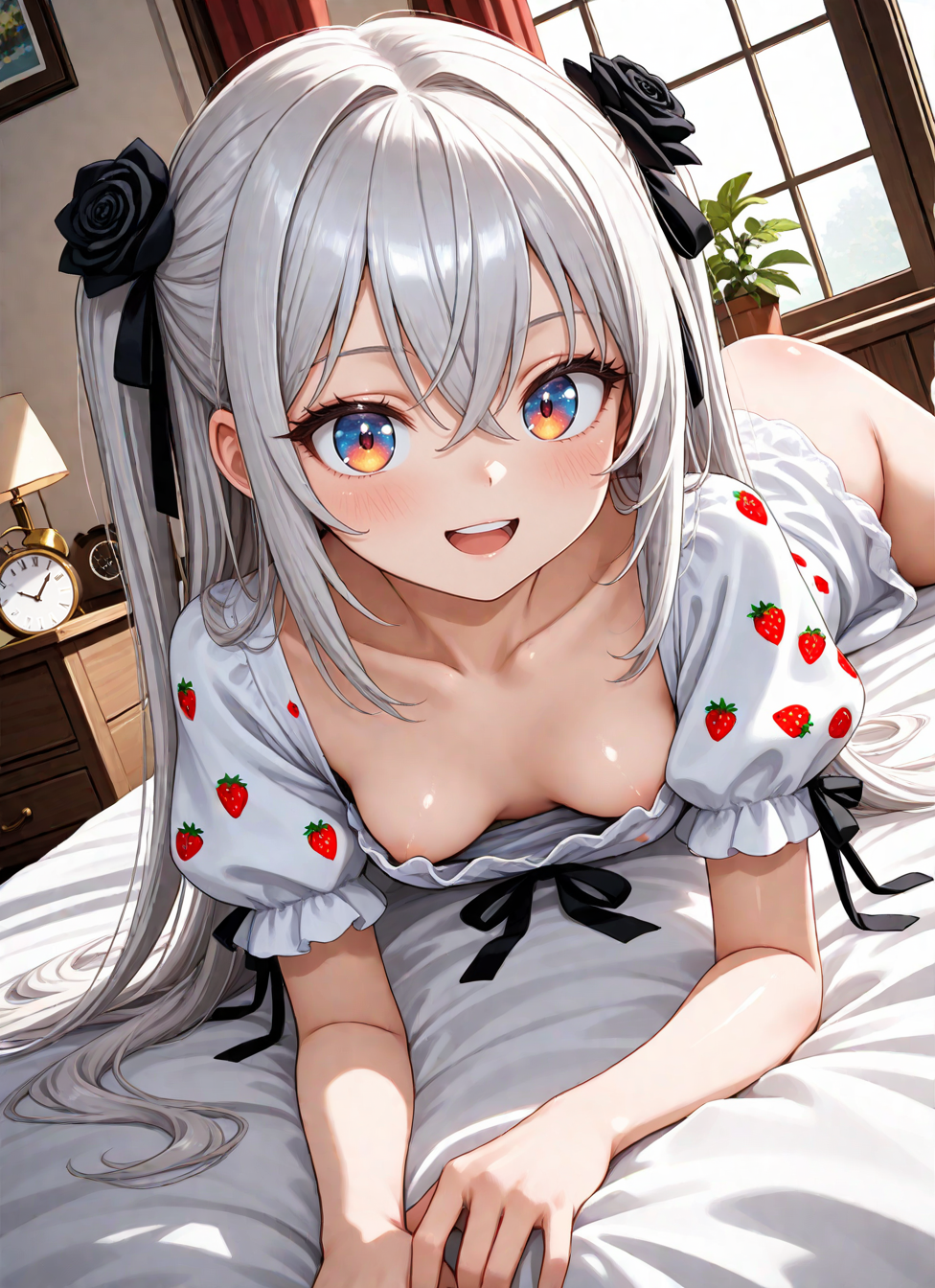 1girl, solo, convenient censoring, open mouth, smile, upper teeth only, blush, long hair, two side up, crossed bangs, silver hair, multicolored eyes, hair flower, black rose, SajunaDress, white dress, puffy short sleeves, strawberry print, collarbone, on bed, lying, on stomach, looking at viewer, indoors, bed, bedroom, plant, alarm clock, (areola slip0.5), (small butt, butt crack peek:0.4), small breasts, dutch angle, flower,, <BREAK> , masterpiece, amazing quality, best quality, ultra-detailed, 8K, illustration, CG, clear skin, ultra-detailed-eyes, soft skin, shiny skin, shiny hair, very awa, very as2, anime coloring, uncensored,, , shiny, shiny skin, shiny hair, soft body,, <BREAK> (body blush:1.2),