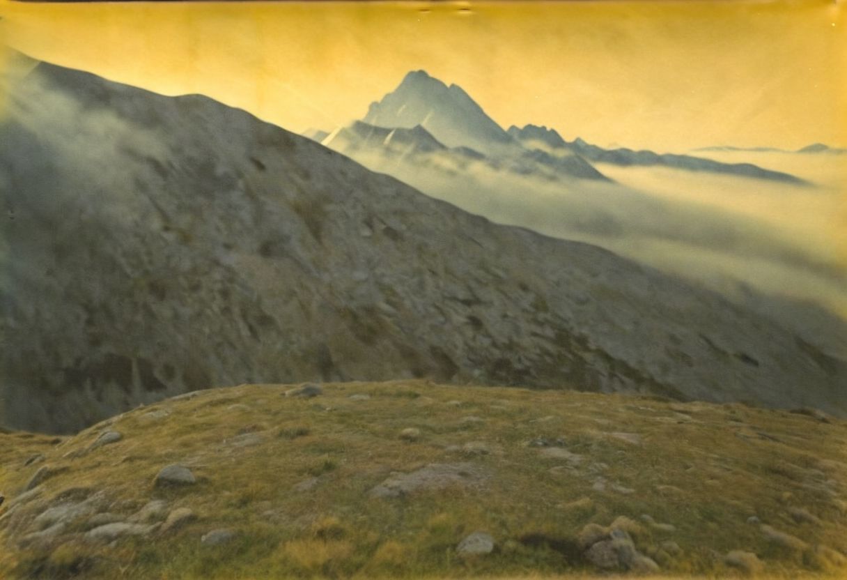 colouring_experiment_analogue, a foggy mountain, hard shadow