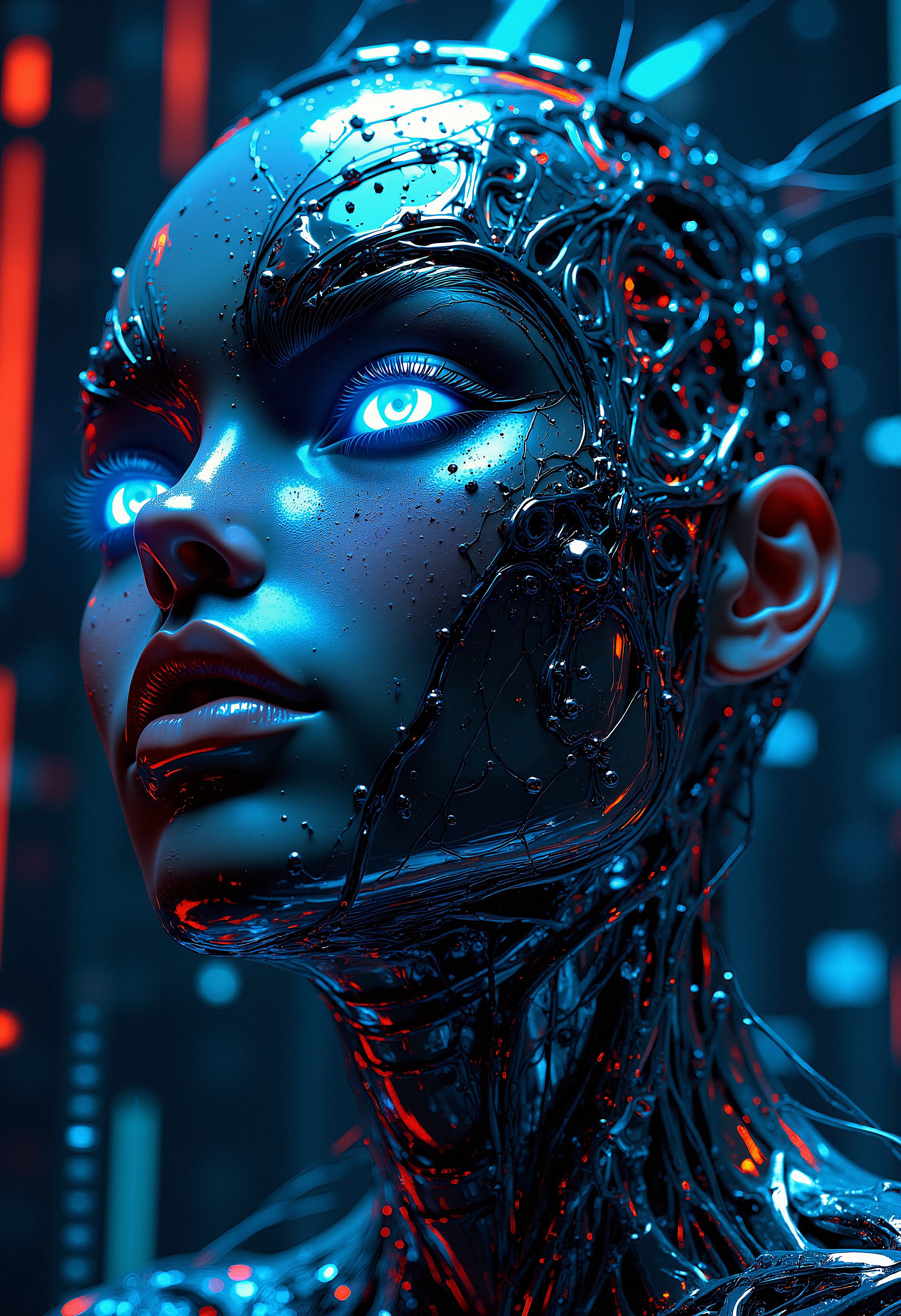 A surreal image of a human face, where the skin is replaced by a metallic, reflective surface, gleaming under bright lights. The eyes are vivid neon blue, glowing unnaturally. The background is filled with data streams and futuristic circuitry, giving the impression of a cybernetic consciousness. The atmosphere is sleek, cold, and highly technological, resembling a scene from a futuristic dystopia.    <lora:FluxMythP0rtr4itStyle:0.8> MythP0rt, <lora:aidmaImageUpgrader-FLUX-V0.1:0.33> detailmaximizer,