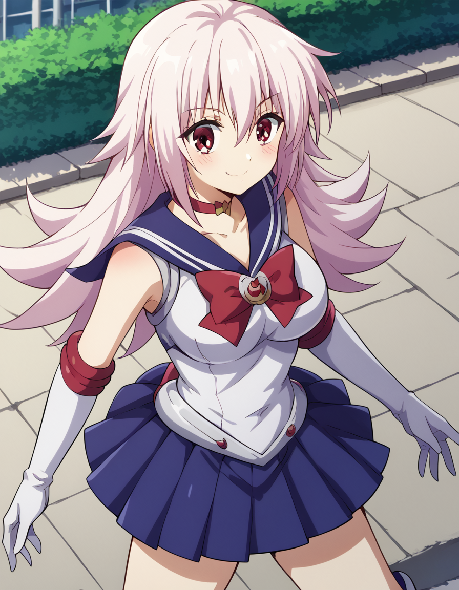 score_9, score_8_up, score_7_up, source_anime, <lora:matsuri-kazamaki-s1-v2-ponyxl-lora-nochekaiser:1>, matsuri kazamaki, long hair, red eyes, pink hair, hair between eyes, sidelocks, large breasts,, <lora:sailor-moon-cosplay-ponyxl-lora-nochekaiser:1>, sailormooncosplay, sailor moon (cosplay), back bow, blue sailor collar, blue skirt, boots, bow, brooch, choker, crescent moon, elbow gloves, gloves, jewelry, knee boots, magical girl, pleated skirt, red bow, red choker, ribbon, sailor collar, sailor senshi uniform, skirt, white gloves,,, outdoors, streets, smile, blush, , cowboy shot, dutch angle,