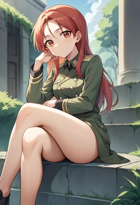 score_9, score_8_up, score_7_up, source_anime, masterpiece, 1girl, ctianminna, military uniform, no pants, looking at viewer, outdoors, sitting, crossed legs,<lora:Minna_strikewitches_ct:0.8>