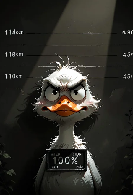 duck, grumpy, orange beak, height chart, black nameplate,  mugshot,
dramatic lighting, spotlight, shadows,
depth of field, photo \(medium\), scenery, volumetric lighting, masterpiece, best quality, good quality, very awa, very aesthetic, absurdres, newest, opill
