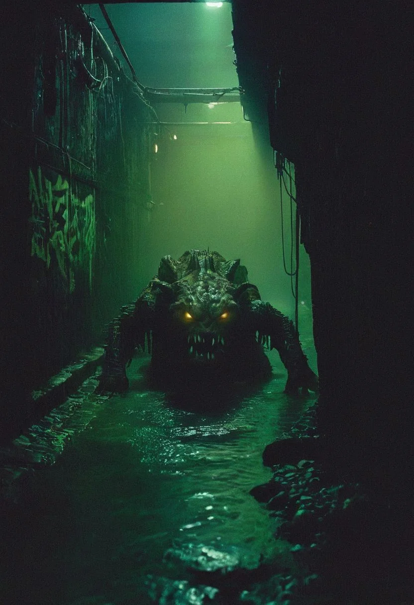 A grainy, handheld video documents a pair of urban explorers navigating the dark, damp sewers beneath an old city. Their flashlight beams reveal unsettling graffiti and strange symbols. Suddenly, a monstrous, humanoid creature with scaly skin and glowing eyes emerges from the murky water. The footage is shaky and filled with distressed audio, capturing the explorers' terrified reactions and the creature's menacing growls.