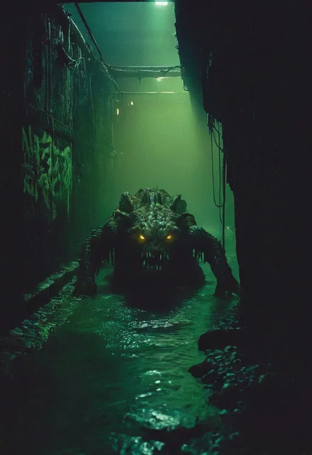 A grainy, handheld video documents a pair of urban explorers navigating the dark, damp sewers beneath an old city. Their flashlight beams reveal unsettling graffiti and strange symbols. Suddenly, a monstrous, humanoid creature with scaly skin and glowing eyes emerges from the murky water. The footage is shaky and filled with distressed audio, capturing the explorers' terrified reactions and the creature's menacing growls.