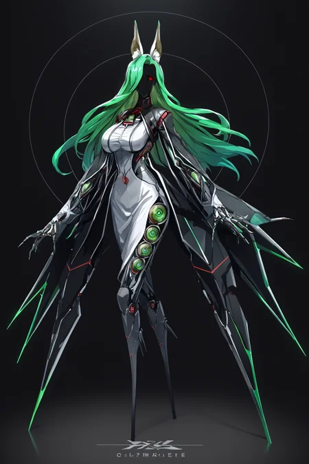 score_9, score_8_up, score_7_up, score_6_up, score_5_up, score_4_up, BREAK, source_anime, solo, 1girl, rating_safe, ((mature female)), ((long green flowing hair)), mechanical parts, ((plastic, polymer, metal body)), (big mechanical rabbit ears), mature female, (bunny ears), (animal ears), subdermal port, ((milf, mature female, big breasts)), hexagon lines in skin, naval uniform overcoat, naval uniform, white military uniform, dress_uniform, ribbons, ((red eyes)), bunny tail, rabbit tail, aiguillette, ((green hair)), ascot, ((Ground level (from the side) view Extreme Close shot (focus on waist), Twirling with one hand on the hip )), pilot suit, shoulder cutout, bunny rabbit Tail, ((hair over one eye, )), digitigrade, clawed feet, minimal clothes, ((metal skin, shiny skin, vampire aesthetic, digital eyes, filled eyes, monochromatic eyes, glowing eyes, colored sclera, red sclera, mechanical eyes, partially shaded face, slit pupils, angular, minimal face, minimalism, narrow eyes, large eyes)), (anubis \(mythology\), anubis \(mythology\), ), <lora:Pony_DetailV2.0:1.5>, <lora:age_slider_v4:4>, ((dark, shaded, black background, horror, GREEN HAIR,)) <lora:ECHANIS:0.7>,   <lora:see-through_body_slime_version:1>