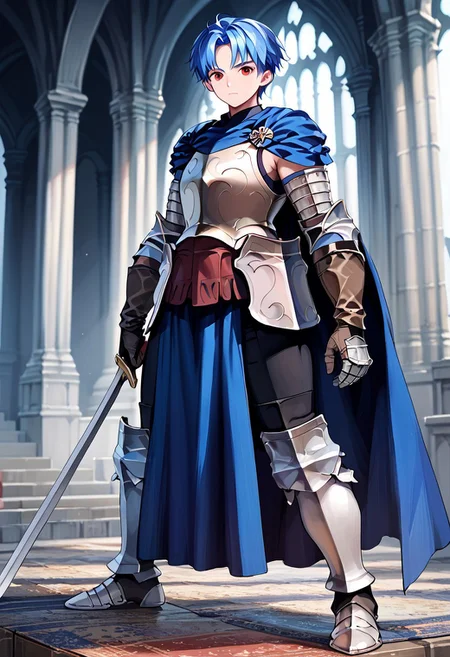 score_9, score_8_up, score_7_up, score_6_up, masterpiece, best quality, 1boy, Alain, blue hair ,red eyes, parted bangs, gauntlets, breastplate, knight, , greaves, looking at viewer, gloves, cape, armor, male focus,