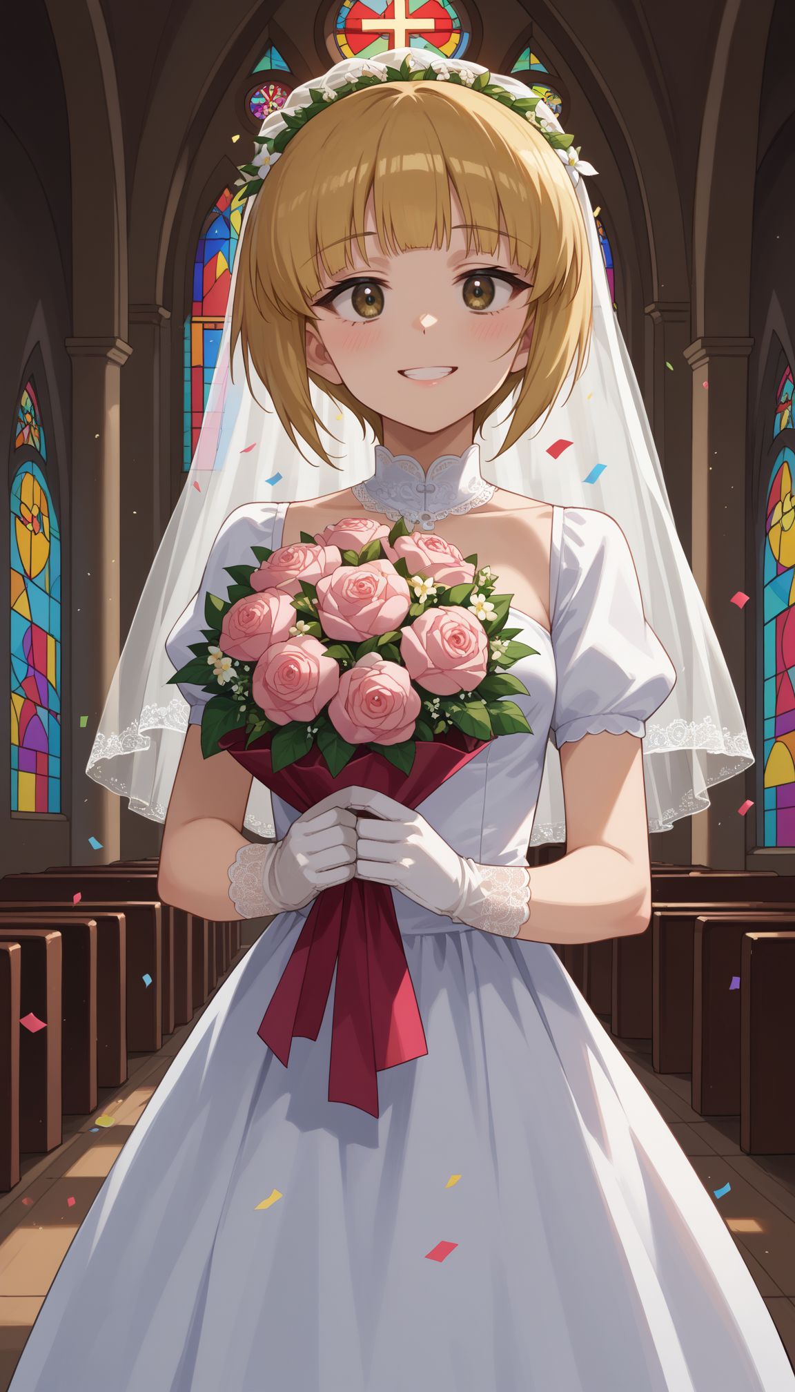 score_9, score_8_up, score_7_up, score_6_up, , solo, Night,
 <lora:Cutlass:0.8> Cutlass _Girls_und_panzer, 1girl, short hair, blonde hair,ellow eyes, small breasts, blunt bangs,  indoors, church, stained glass, whie veil, laced gloves, upper body, close portrait church, holding bouquet, (confetti:1.1), smile, white dress, wedding dress, church, holding bouquet, (confetti:1.1)