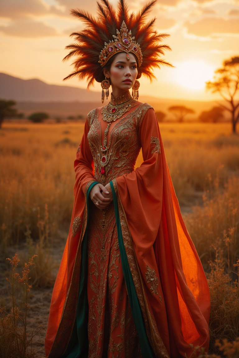 A regal young woman wearing traditional Asian ceremonial attire, standing proudly in the middle of a vast savanna at sunset. Her dress is made of rich, brightly colored fabrics with intricate beadwork, and she wears a large, ornate headdress adorned with feathers and jewels. The camera captures her in a full-body shot with a 50mm lens, emphasizing the grandeur of her ceremonial attire and the vastness of the African landscape behind her. The lighting is warm and golden, with the sun setting over the horizon, casting long shadows across the grass. The image is in 6K resolution, focusing on the vibrant details of her clothing and the breathtaking beauty of the African savanna, ek_ph0t0_b00ster