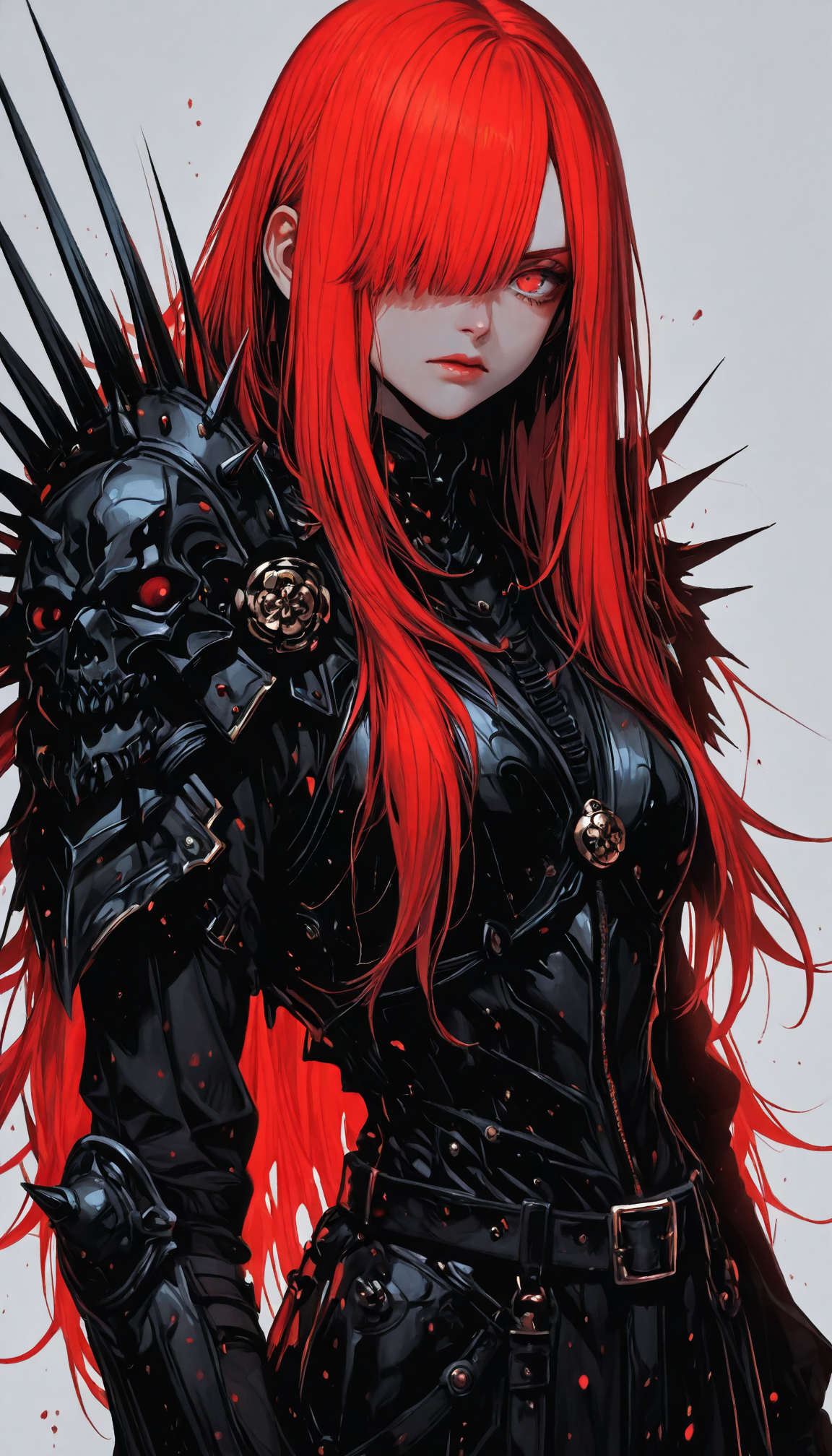  1girl, solo, red hair, long hair, red eyes, armor, spikes, looking at viewer, hair over one eye, belt, oda_nobunaga_(fate), closed mouth, very long hair, bangs, breastplate, simple background, upper body, grey background, shoulder armor, long sleeves,