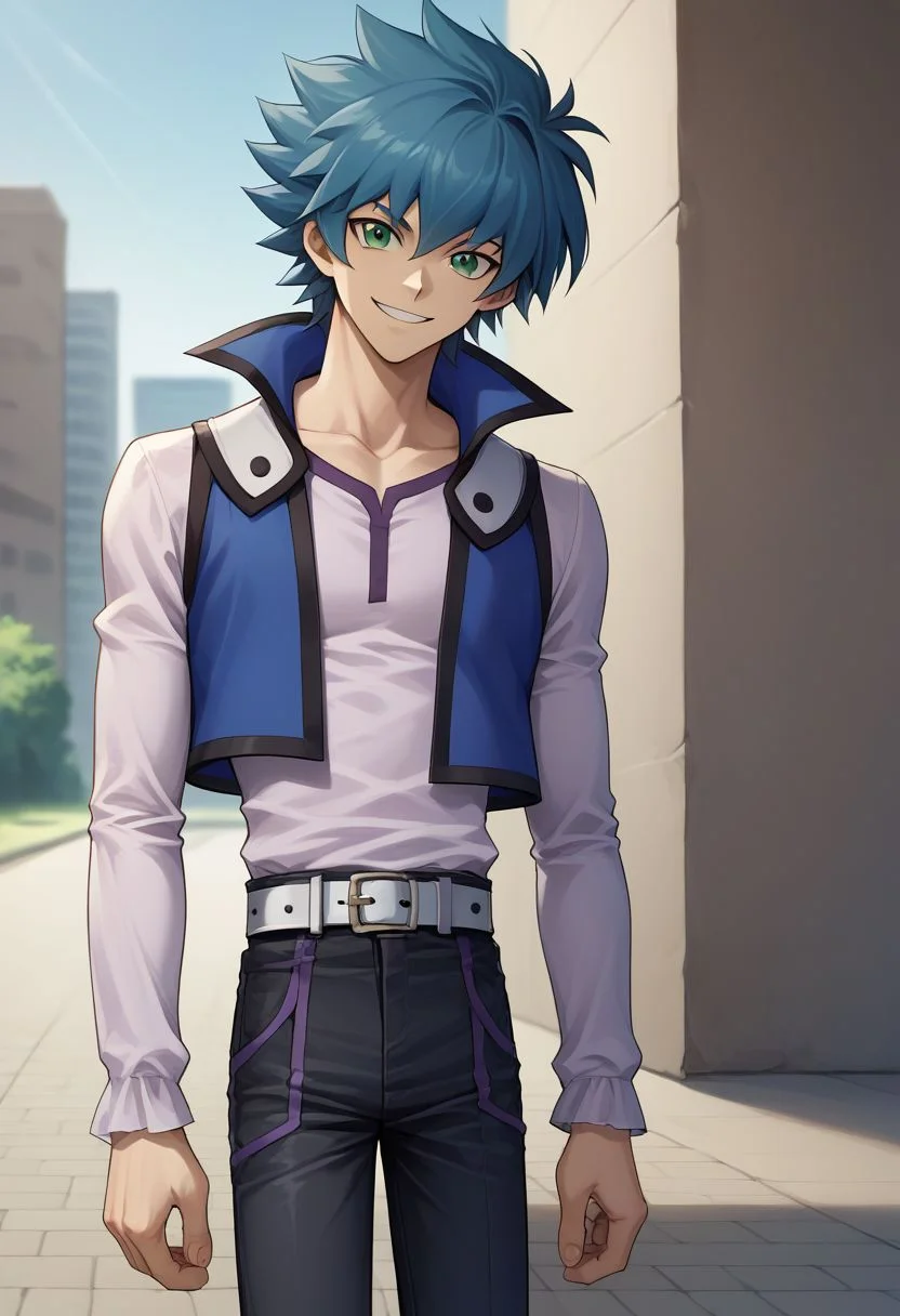 score_9, score_8_up, source_anime, highly detailed, 1boy, solo, slender, skinny
jesse, 1boy, male focus, solo, green eyes, smile, belt, duel academy uniform (yu-gi-oh! gx), blue hair, pants, vest, looking at viewer, spiked hair, long sleeves,
outdoor,