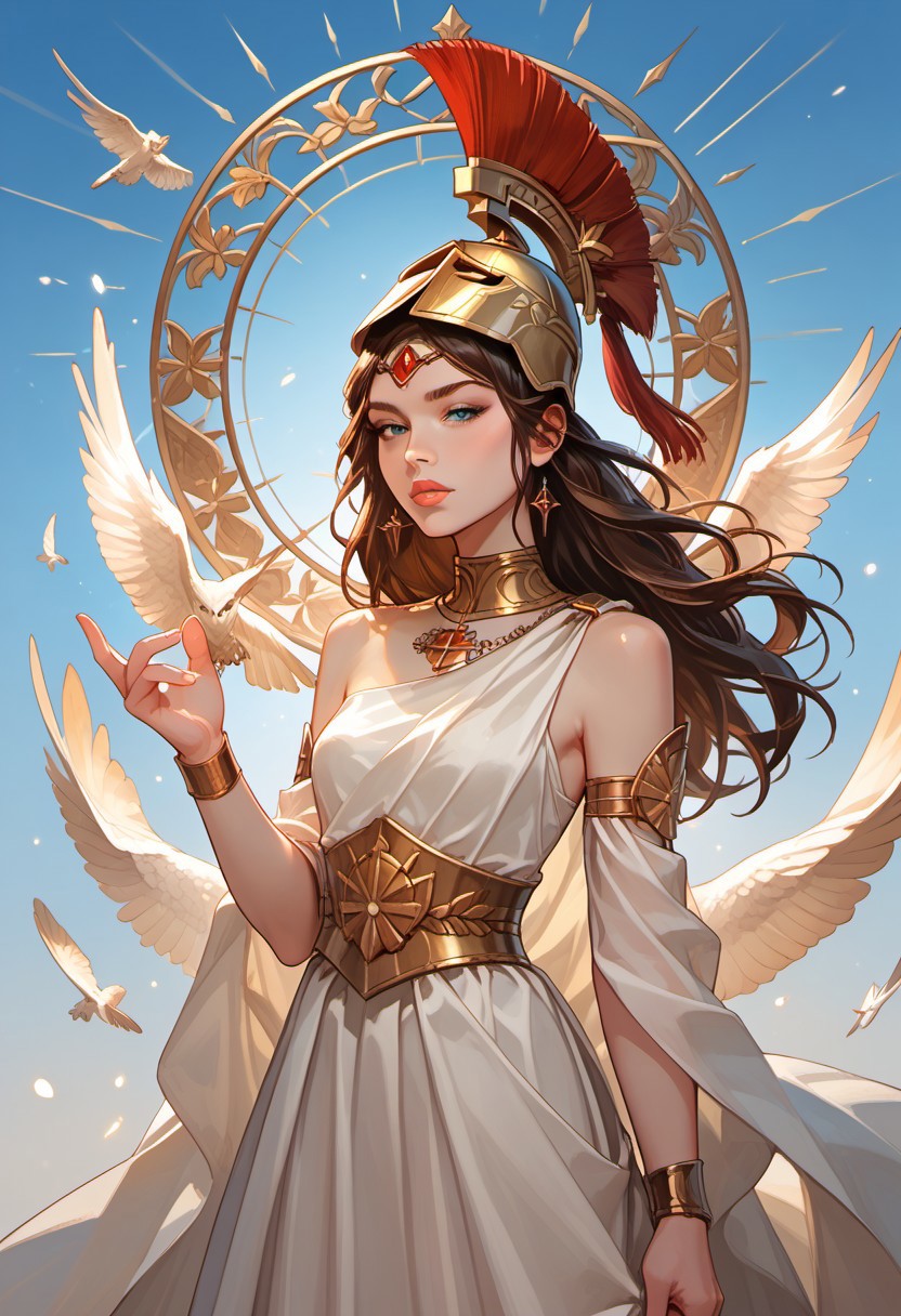 masterpiece,best quality, highly detailed, score_9, score_8_up, score_7_up, score_6_up, score_5_up, score_4_up, Expressiveh, greek_athena, helmet ontop of head, brown hair, long hair, toga, armor, 30yo, adult lustful confident woman, petite, slender body, perky saggy natural breasts, full lips, bangs, sidelocks, straps,
chinese magical sorceress, animated, swirling magic, wisps of magic, dancing pose, tight squeezed outfit, magical accessories, evoking motion, conveying motion, dynamic splash art