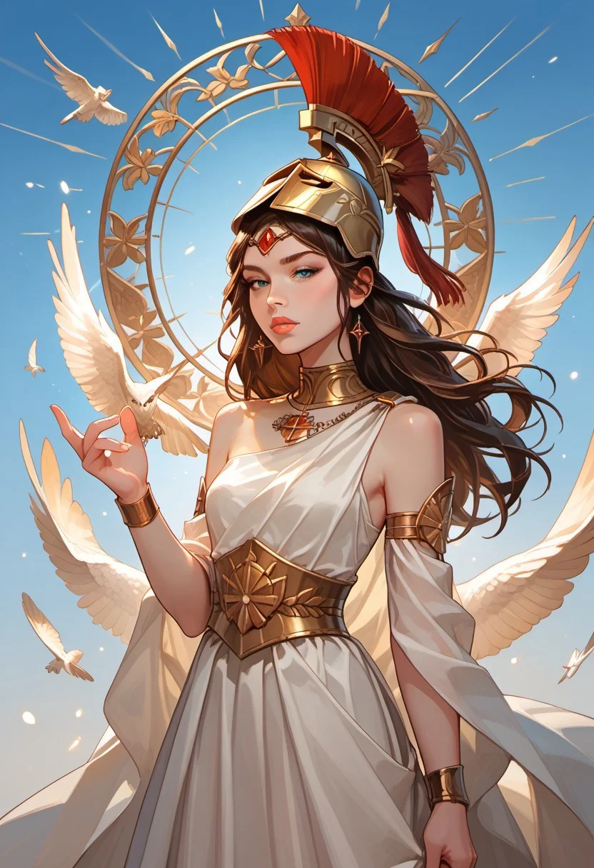 masterpiece,best quality, highly detailed, score_9, score_8_up, score_7_up, score_6_up, score_5_up, score_4_up, Expressiveh, greek_athena, helmet ontop of head, brown hair, long hair, toga, armor, 30yo, adult lustful confident woman, petite, slender body, perky saggy natural breasts, full lips, bangs, sidelocks, straps,
chinese magical sorceress, animated, swirling magic, wisps of magic, dancing pose, tight squeezed outfit, magical accessories, evoking motion, conveying motion, dynamic splash art