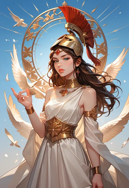 masterpiece,best quality, highly detailed, score_9, score_8_up, score_7_up, score_6_up, score_5_up, score_4_up, Expressiveh, greek_athena, helmet ontop of head, brown hair, long hair, toga, armor, 30yo, adult lustful confident woman, petite, slender body, perky saggy natural breasts, full lips, bangs, sidelocks, straps,
chinese magical sorceress, animated, swirling magic, wisps of magic, dancing pose, tight squeezed outfit, magical accessories, evoking motion, conveying motion, dynamic splash art