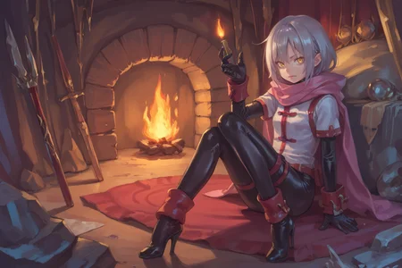 score_9, score_8_up, score_7_up, score_6_up, source_anime, BREAK, <lora:Zilva:0.6> , zildef, 1girl, short hair, grey hair, yellow eyes, red headband, mask, scarf, pink scarf, white sweater vest, white shirt, bodysuit, black bodysuit, bodysuit under clothes, (single gauntlet), black gloves, sheathed, (single red sock), (one red sock), armored shoes, looking at viewer, serious expression, closed mouth, full body, <lora:detailed_backgrounds_v2:0.6> , masterpiece, best quality, very aesthetic, absurdres, indoors, cave, interior, dark, torch, stalactites, <lora:2024_PandoraBox_V1:0.7> , P4ndora_PS,