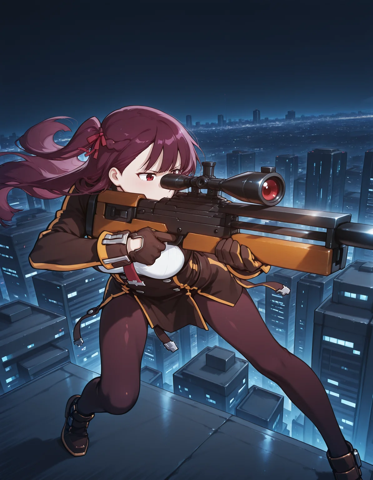 1girl, wa2000, long purple hair, red eyes, black coat, black gloves, vv4zooo, sniper rifle, silencer, hand on rifle, aiming , dynamic pose, edge, outdoor, night, looking down, holding sniper down, city skyline, dark shadows, high contrast, volumetric lighting, <lora:wa2000_ill_v2.2:1>