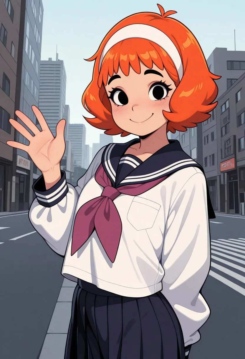 masterpiece, best quality, amazing quality, 1girl, solo, Daphne_Pup, orange hair, black eyes, dark pink neckerchief, white hairband, cowboy shot, outdoors, city, serafuku, waving, looking at viewer, smile,