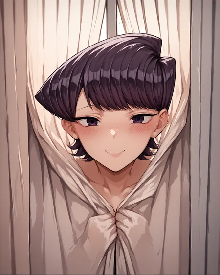 score_9, score_8_up, score_7_up, source_anime BREAK 1girl, curtains, hidden hands, blush, smile, looking at viewer, purple hair, purple eyes, Komi Shuuko, swept bangs, short hair, close up, <lora:What_are_you_doing_behind_the_curtain:1>, rating_questionable