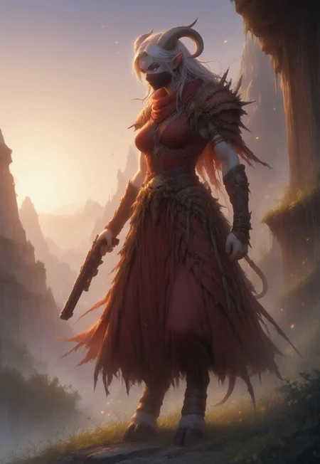(absurdres, best quality, masterpiece:1.4), score_9, score_8_up, score_7_up, score_6_up, detailed, detailed body, detailed face, world of warcraft, fantasy,
fFaceDetail, SkinDetail, ((female, draenei, tall, athletic arms, pale white skin, smooth skin, long white hair, purple eyes, no pupil, no sclera, long white tail), (h0rns, ram horns, white horns),
(long fingers, purple fingernails, purple nail polish)),
(long loose red dress, simple armlet, black facemask, red silk scarf), GunMonk, shotgun, holding shotgun,
full body, side view
outdoor, evening, mountains, sunset